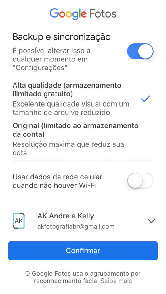 tela configurações google fotos
