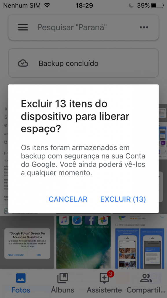 print tela excluir itens google fotos